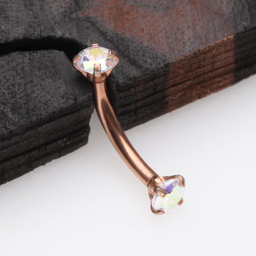 Detail View 1 of Rose Gold Prong Set Gem Sparkles Internally Threaded Curved Barbell-Aurora Borealis